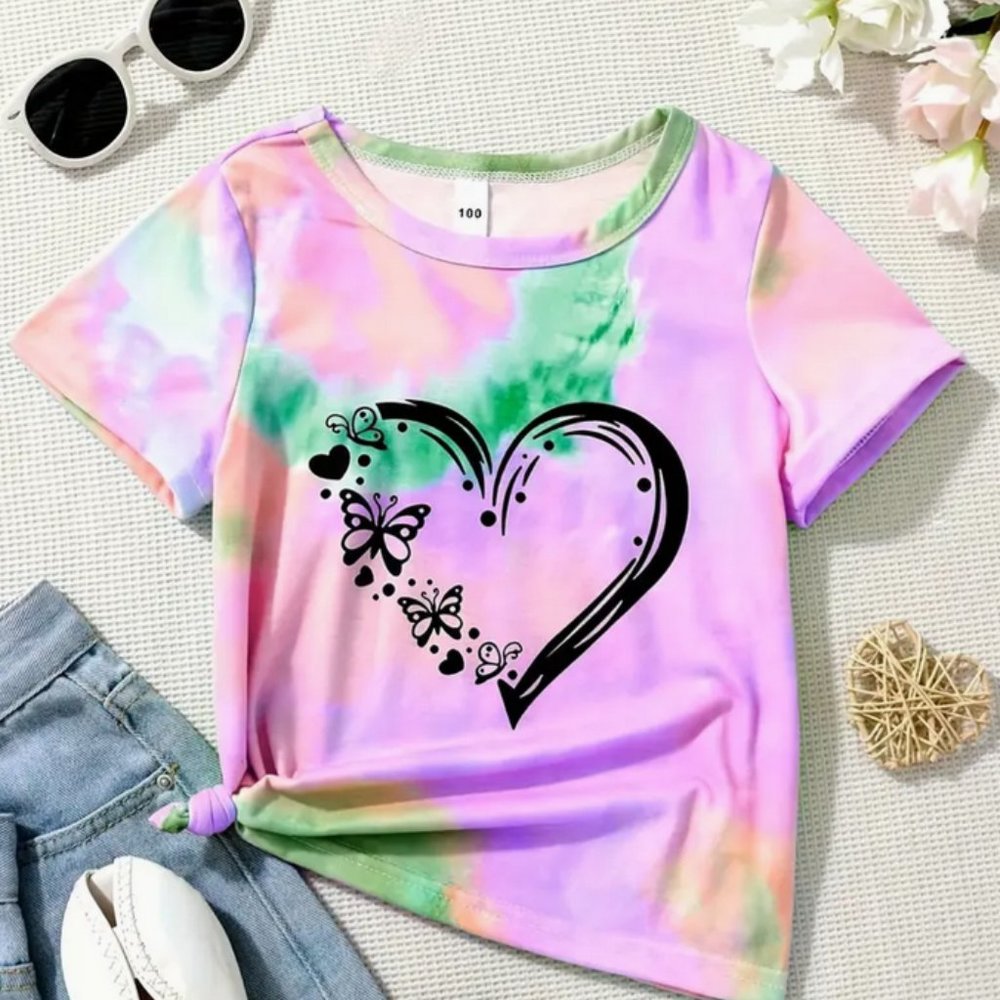 Tie Dye Heart And Butterfly Crew Neck Short Sleeve T-Shirt Size Approx 4-5 Years